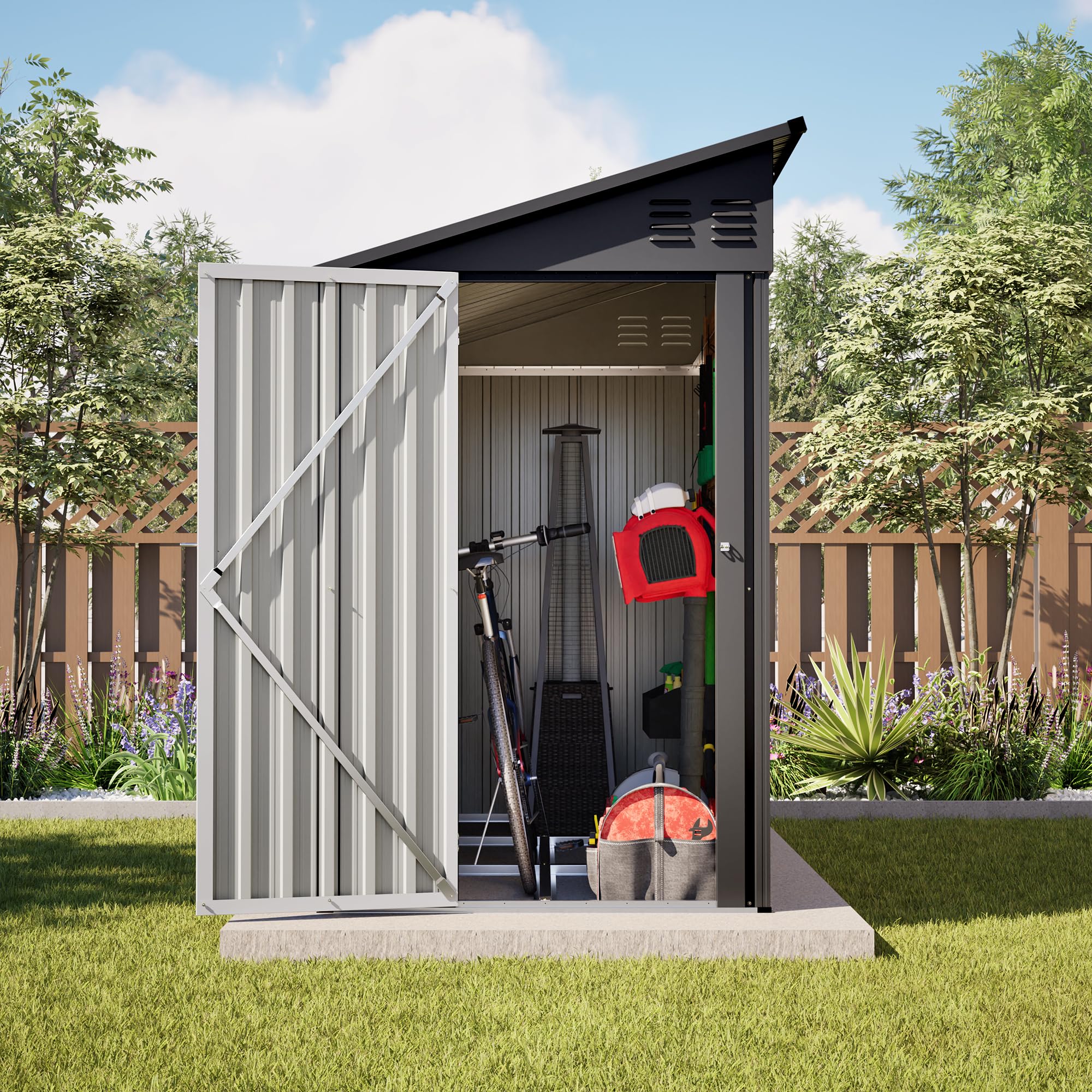 Photo 1 of YOPTO 4×8 FT Lean to Metal Shed,Outdoor Heavy-Duty Storage Shed with Floor Base,All Weather Waterproof Garden Tool House W/Lockable Door&2 Air Vent,Reversible Door Design,for Backyard,Patio,Lawn,Black