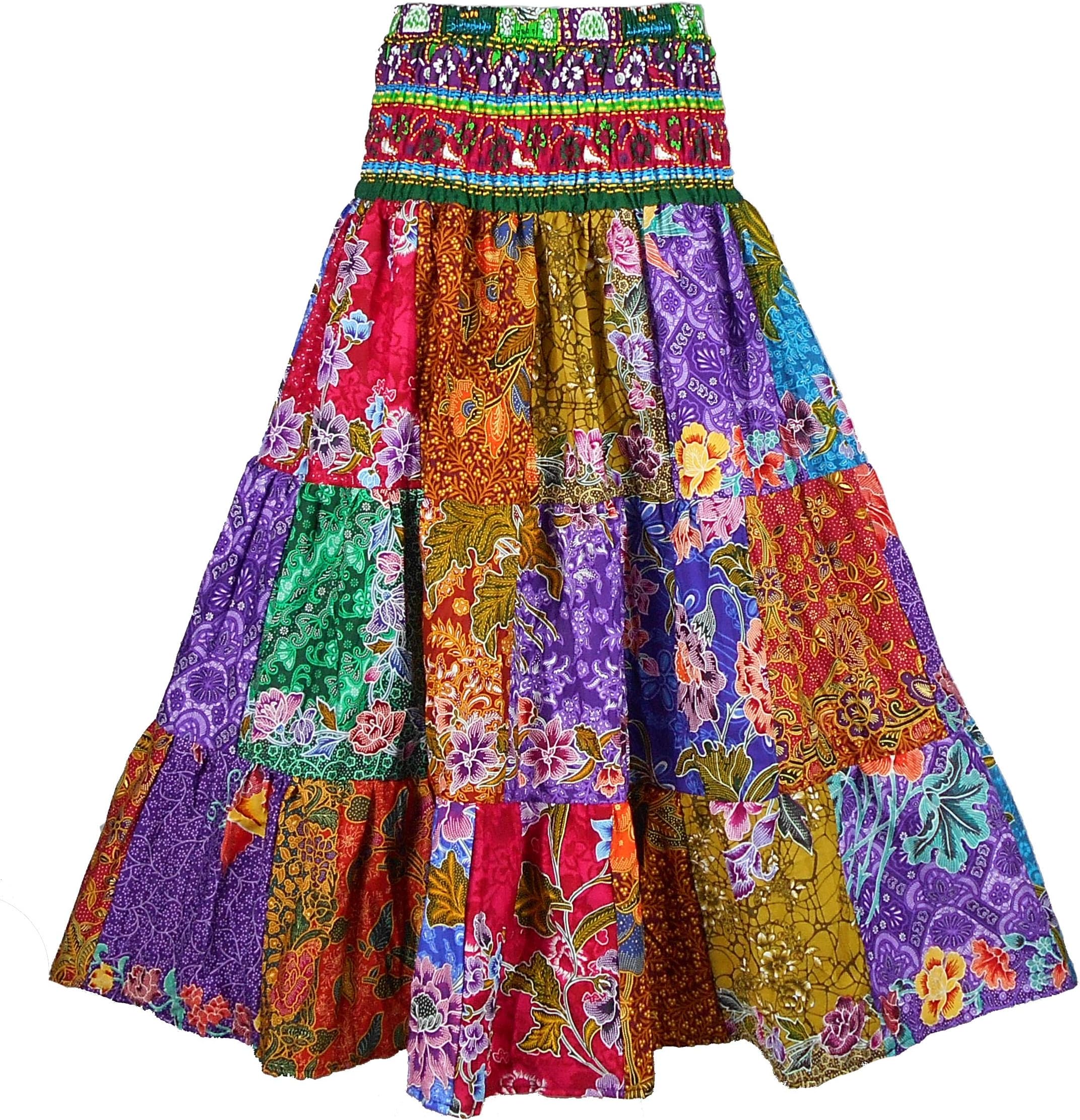 BONYA Women's Hippie Boho Colorful Patchwork Smocked Stretch Waist Tiered Long Skirt (Color29)