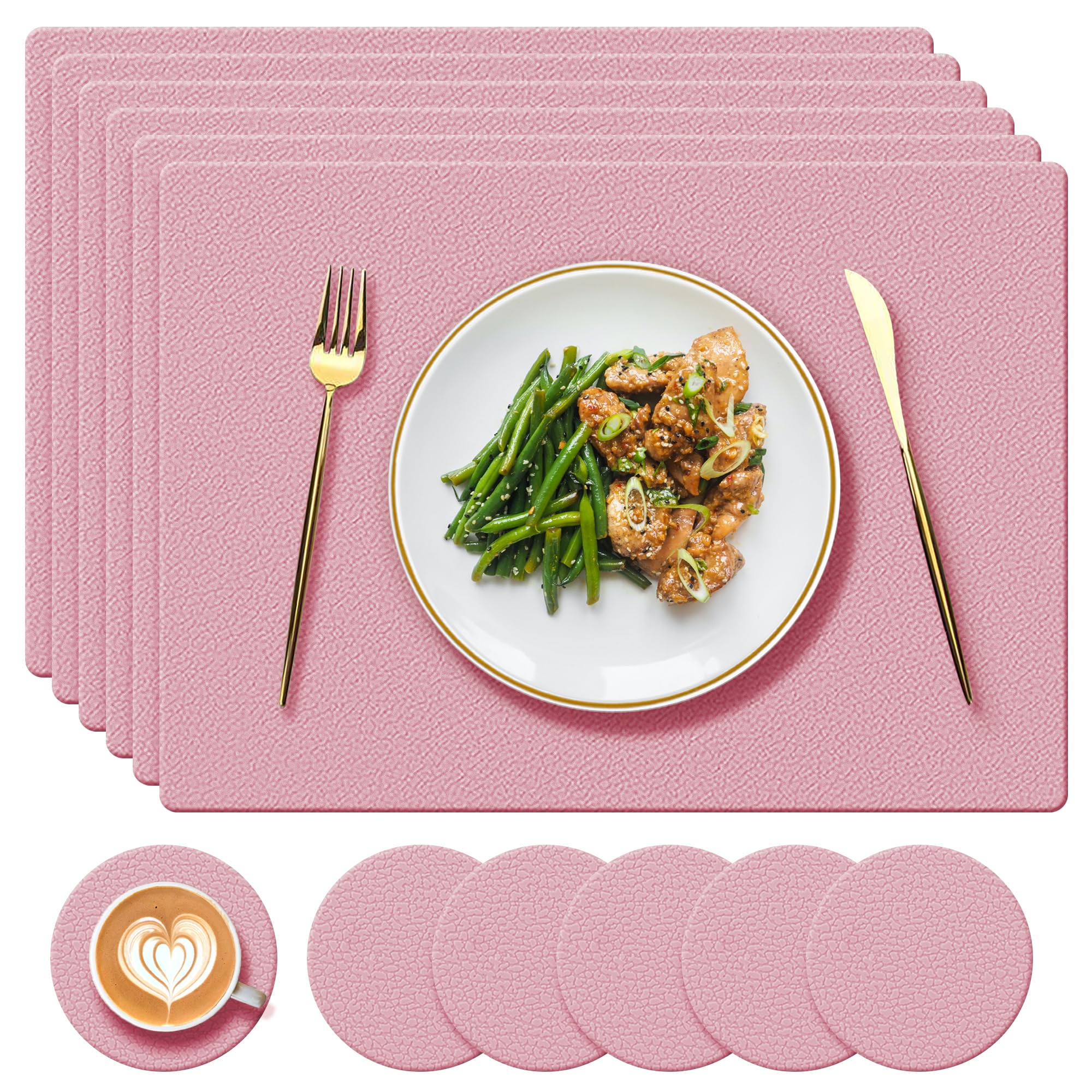YUNJUER Silicone Placemats and Coasters Set of 6, Heat-Resistant 450 °F, Non Slip and Washable Place Mats for Home, Hotel, Indoor Kitchen, Outdoor, Glass Dining Table, (Pink)