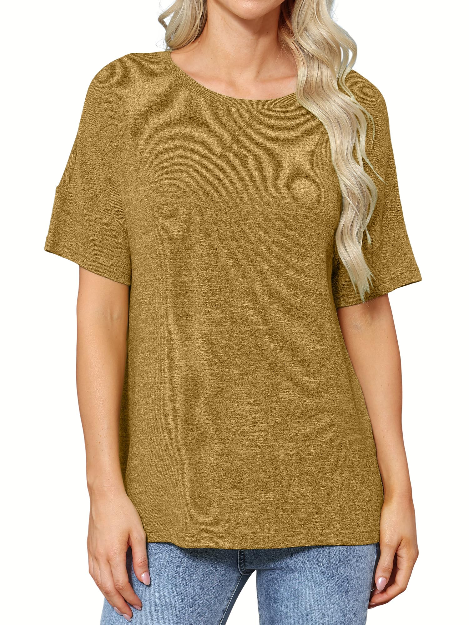 Photo 1 of GEHENG Women's Plus Size Short Sleeve Shirts Crew Neck Loose Fit Tops Tshirts Side Split Casual Yellow XXL 