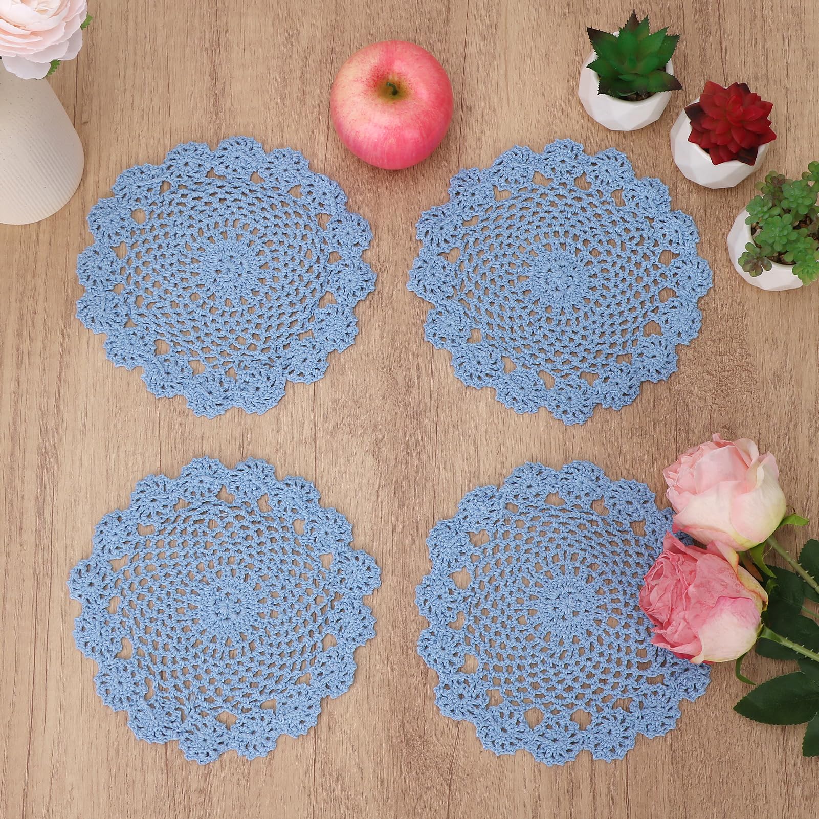kilofly Crochet Cotton Lace Table Placemats Doilies Pack, 4pc, Blue, 7 inch