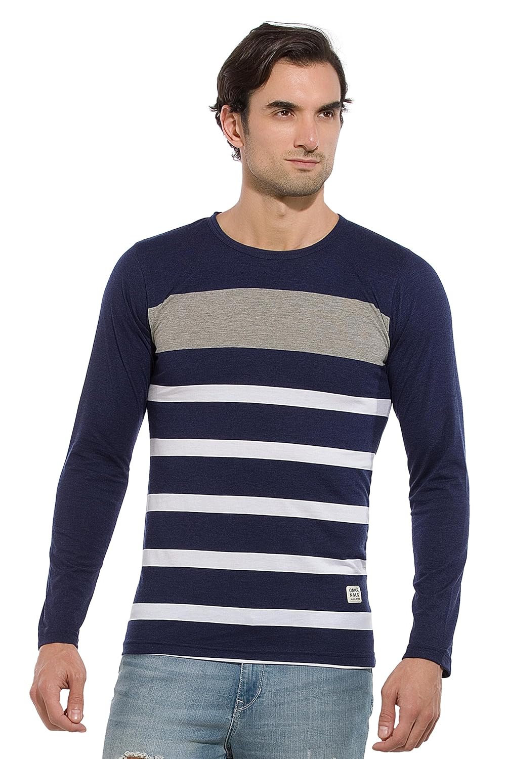 alan jones men's cotton full sleeves striped t-shirt