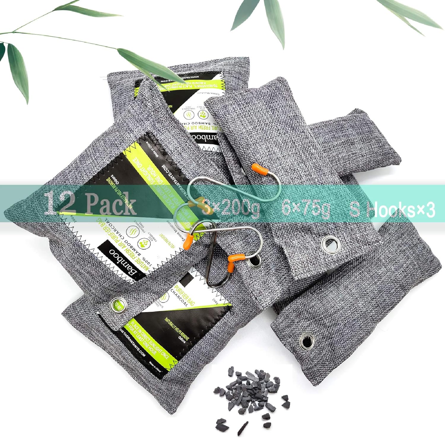 Bamboo Charcoal Bags for Mold and Mildew (12 Pack & 3 Hooks