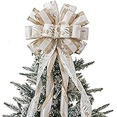 Christmas Tree Topper, 40x13 Inches Toppers Bow with Glitter Satin Mesh Streamer and Patterned Ribbon, Christmas Tree Topper Bow for Christmas Home Decoration (White Golden)