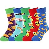 BONANGEL Boys Socks 5-8 Years Old, 5 Pairs Fun Novelty Animal Food Space Crazy Funny Cute Kids Socks 8-10 10-12 Years