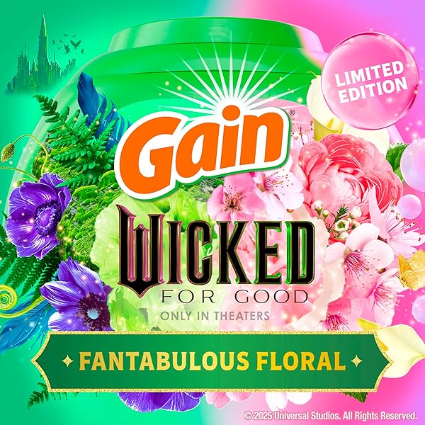 GAIN FLINGS! “WICKED: FOR GOOD” LIMITED EDITION LAUNDRY DETERGENT PACS, 42 COUNT, FANTABULOUS FLORAL SCENT, 3 IN 1 HE DETERGENT PACS WITH OXI BOOST AND FEBREEZE