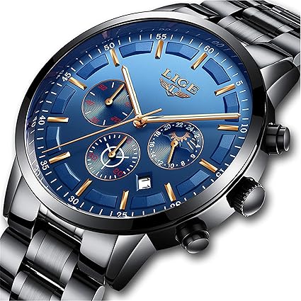 LIGE Herren Mode Wasserdichte Edelstahl Chronograph Sport Analog Quarzuhr Mit Gold Schwarz Armbanduhr