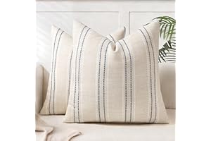 AELS 20x20 Decorative Farmhouse Linen Throw Pillow Covers, Boho Textured Pillow Case, Set of 2,Beige with White & Navy Blue S
