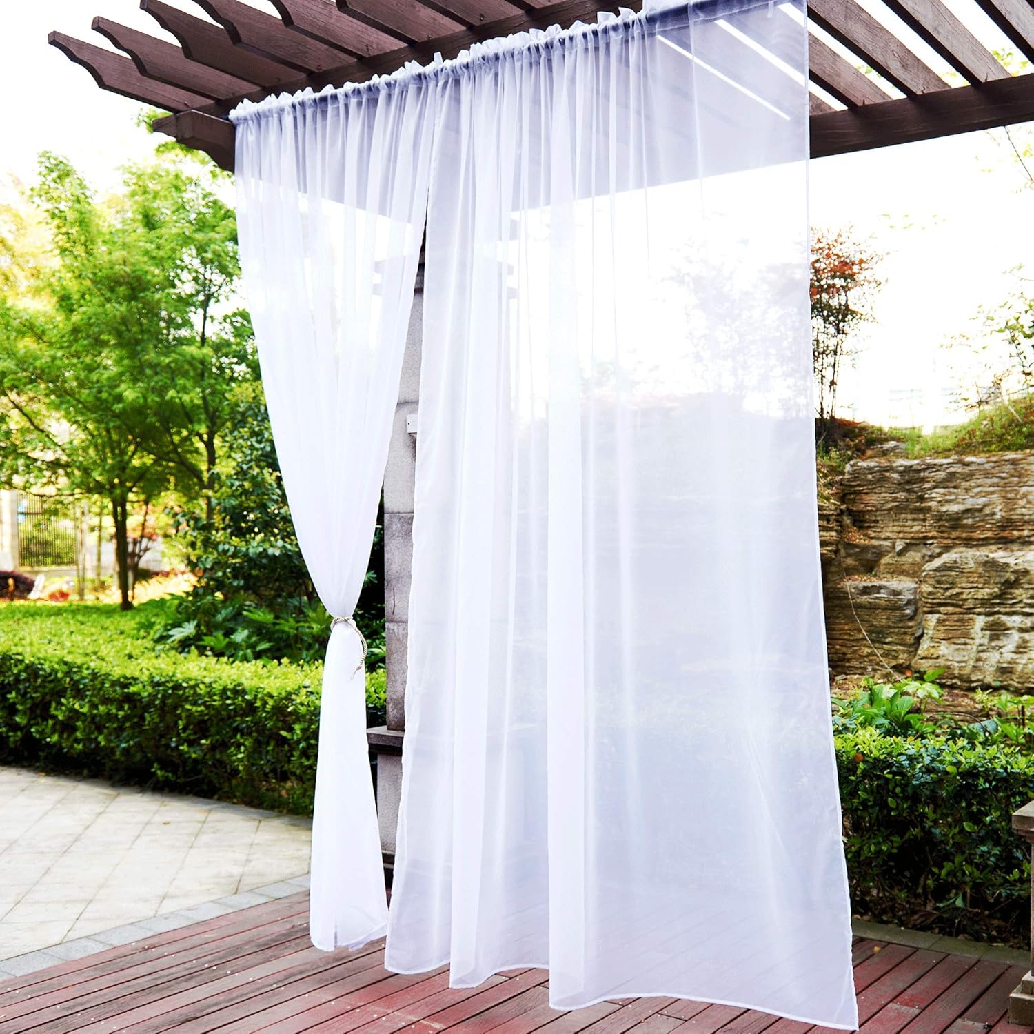 Outdoor Curtains - NICETOWN 2 Panels Waterproof Sheer Outdoor Curtain Panels W100 x L96, Rod Pocket Soft Voile Sheer Outdoor Indoor Curtains Room Dividers with Light Filter for Patio/Porch, White