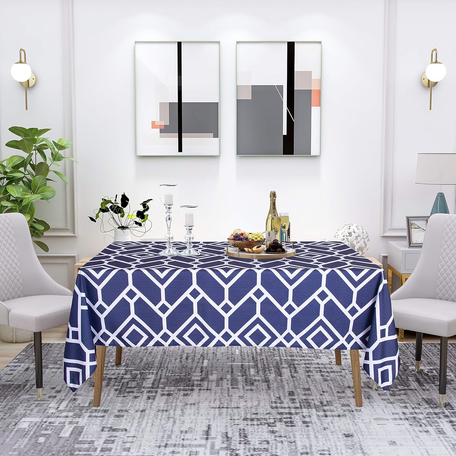 LUSHVIDA Moroccan Rectangle Table Cloth – Washable Water Resistance Microfiber Moroccan Tablecloth Decorative Table Cover for Picnic Banquet Party Kitchen Dining Room, 150 GSM (60 x 84 Inch, Navy: Kitchen & Dining