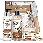 EIRNAY Coconut & Vanilla Foot Soak Set - Salts, Foot File, Scrub & Urea Cream Pedicure Supplies for Dry, Cracked Feet - Foot Spa Pedicure Kit for Women Men