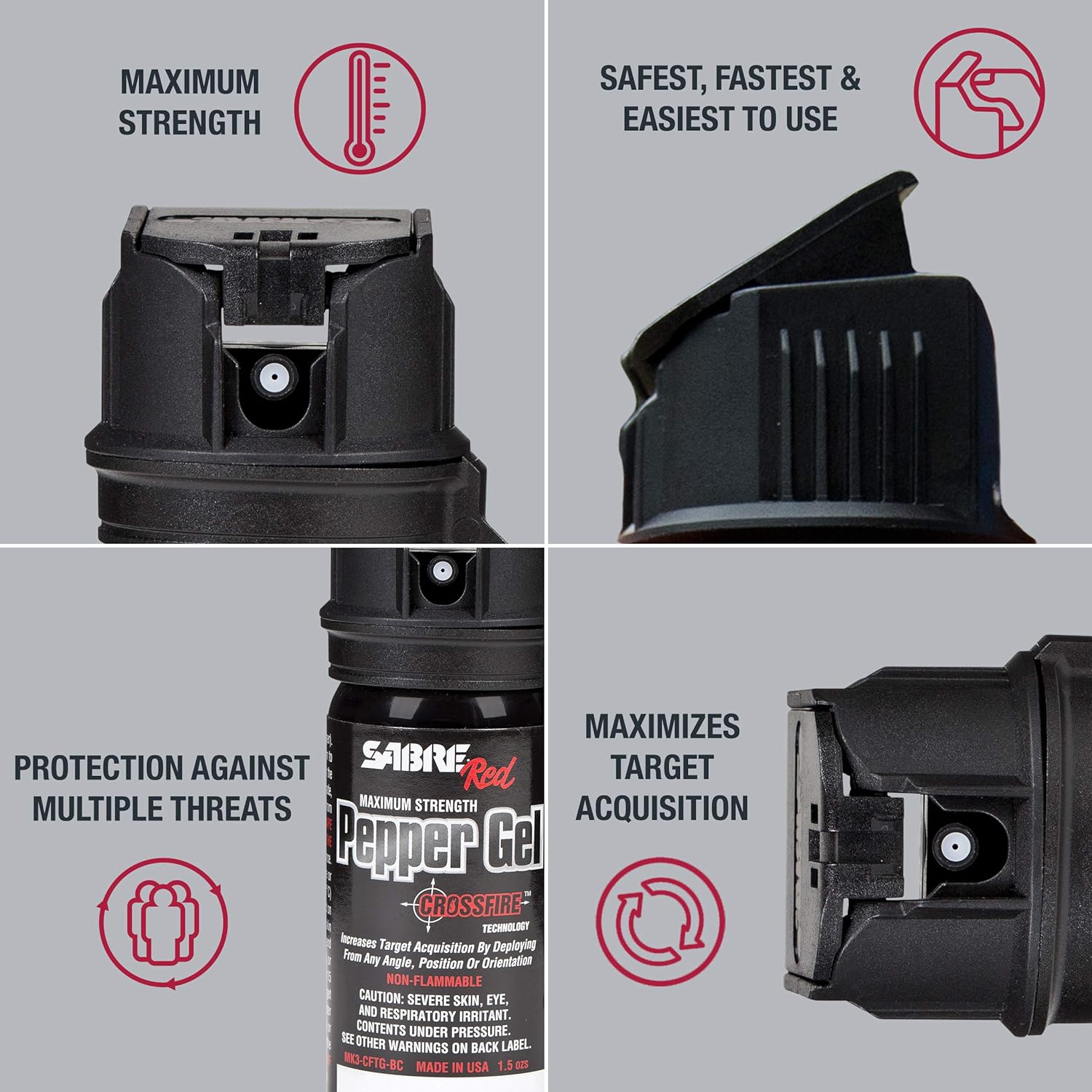 SABRE RED Crossfire Pepper Gel Spray with Belt Clip – 360-Degree Deployment, Maximum Police Strength Pepper Gel with Quick Access Flip Top, 18-foot (5.5 m) Range, 18 Bursts – Gel is Safer, Black : Sports & Outdoors