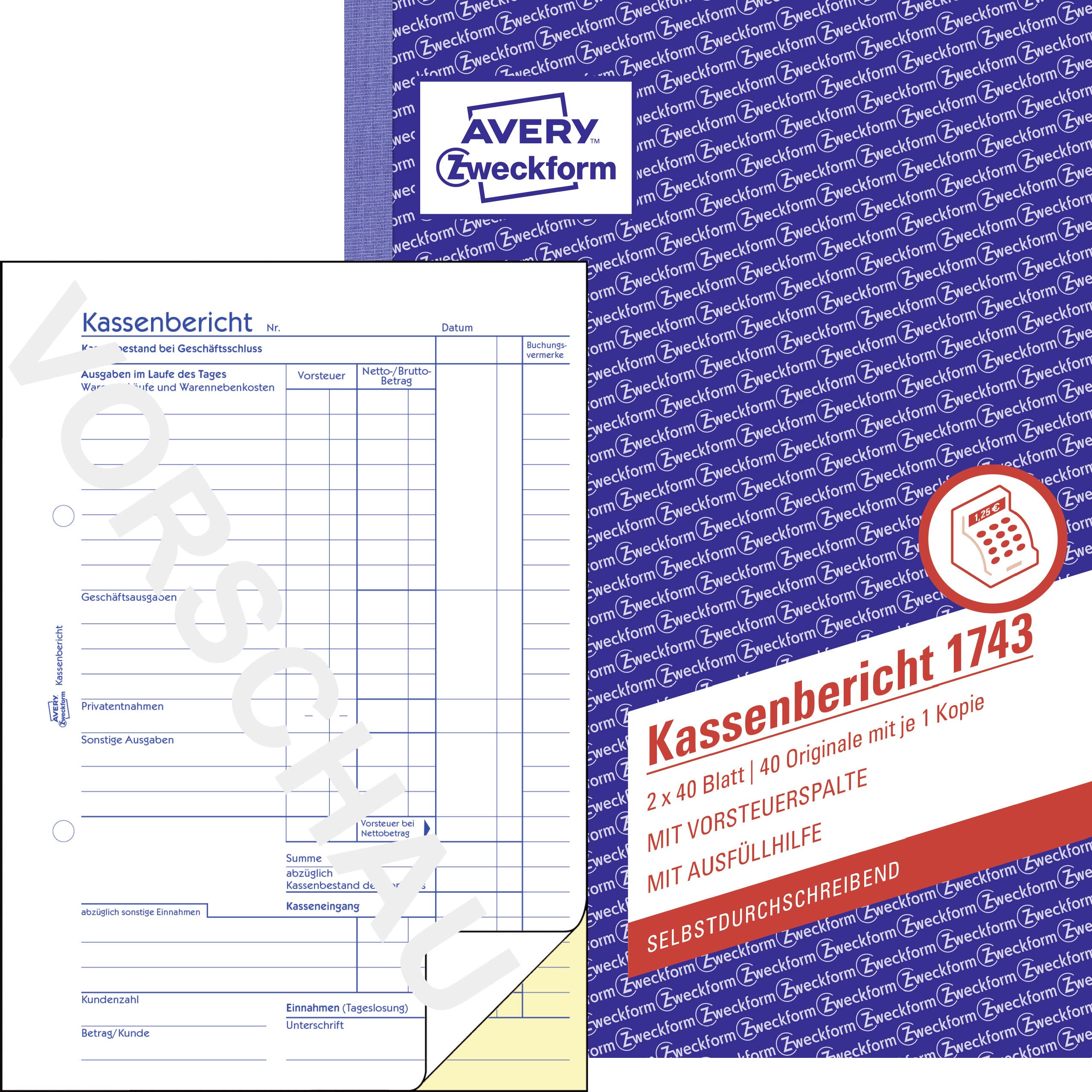 AVERY Zweckform 1743 Cash Report (A5, 2 x 40 Sheets, Self-Copying, Retrograde Determination of Daily Revenue, Tested by Legal Experts, for DE/at, for Proper Accounting, White/Yellow