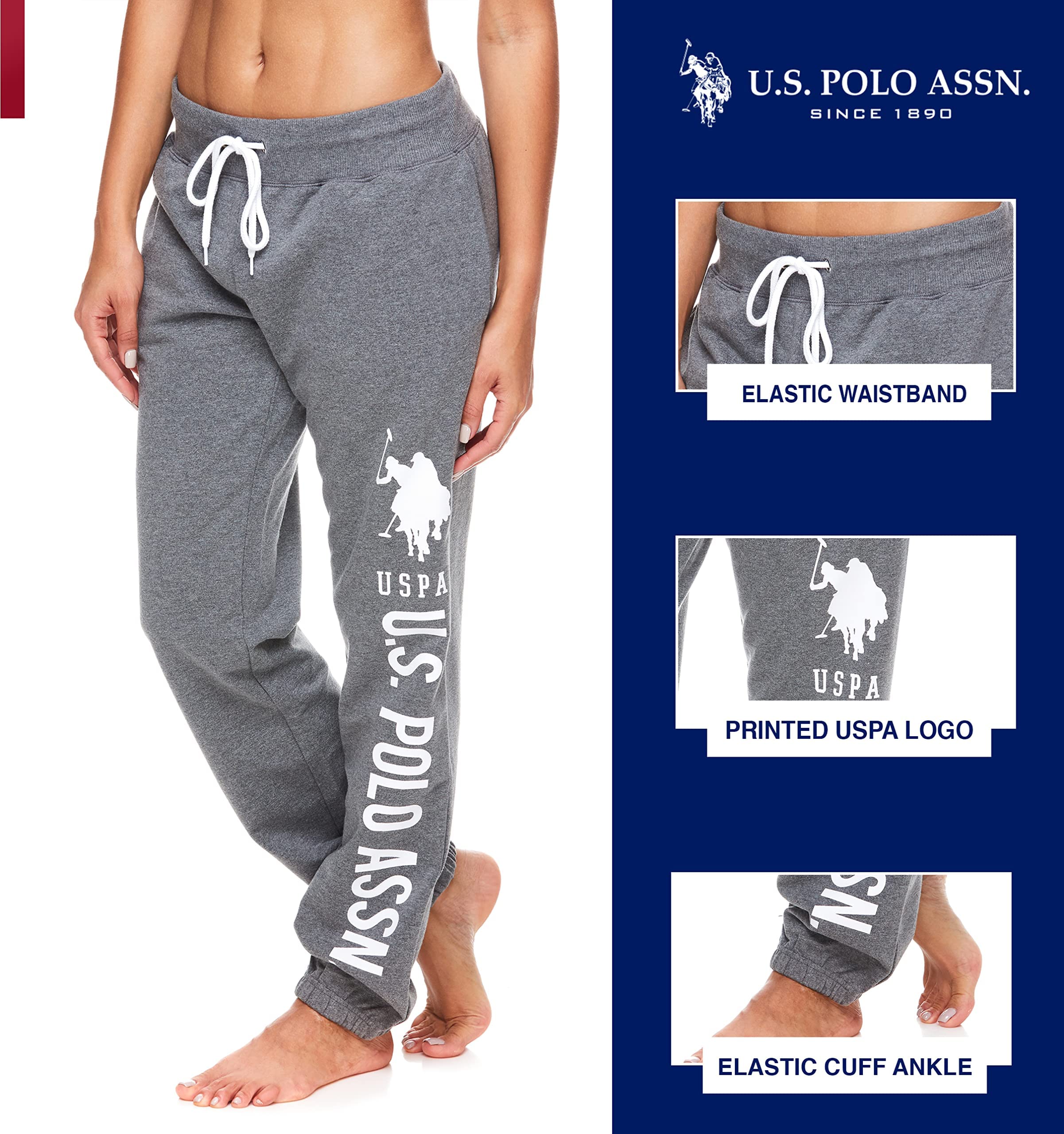 U.S. Polo Assn. Womens Sweatpants - Women Joggers Sweats with Logo Print - French Terry Poly-Cotton Pluz Size (Charcoal Heather with White Print, 2X)