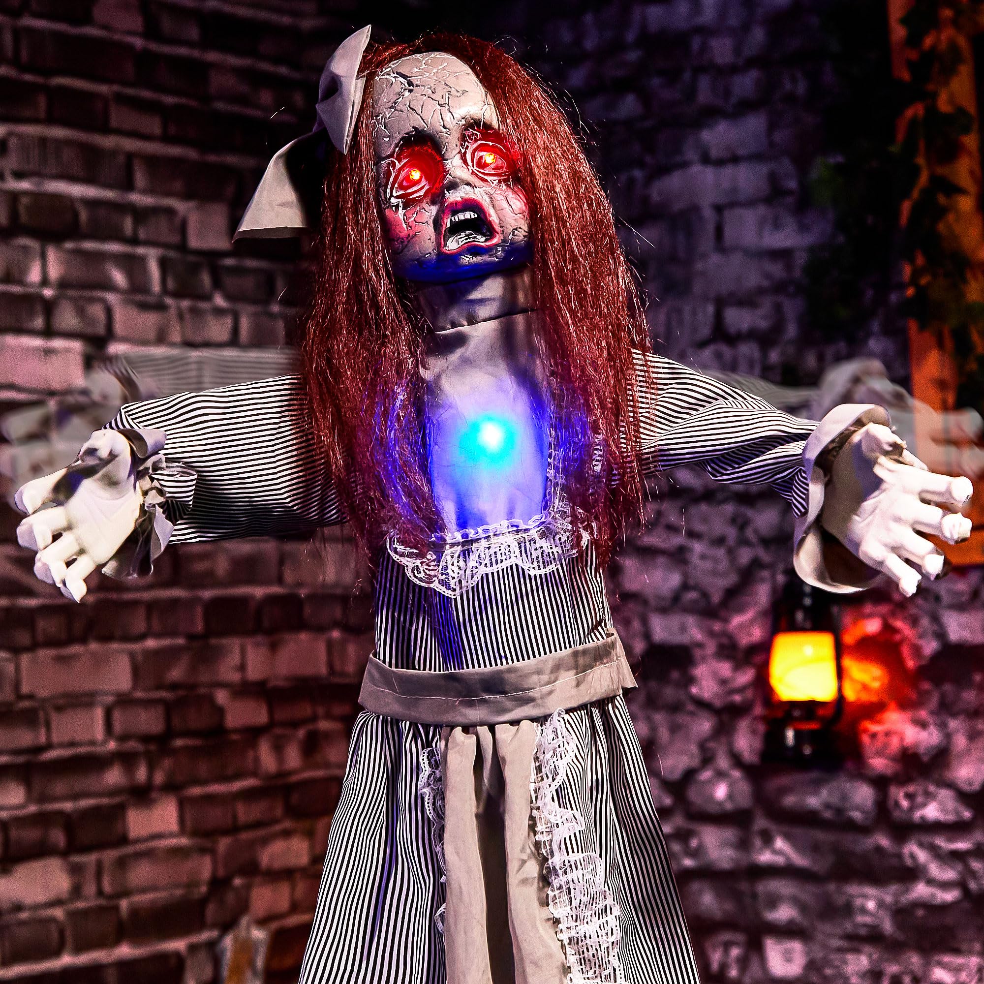 Photo 1 of Halloween Animatronics 4ft Creepy Doll Decoration - 48inch Animated Scary Talking Doll with Sound Activated, Creepy Voice, Spooky Move, Light-Up Eyes, Horror Prop for Indoor, Outdoor, Yard Lawn