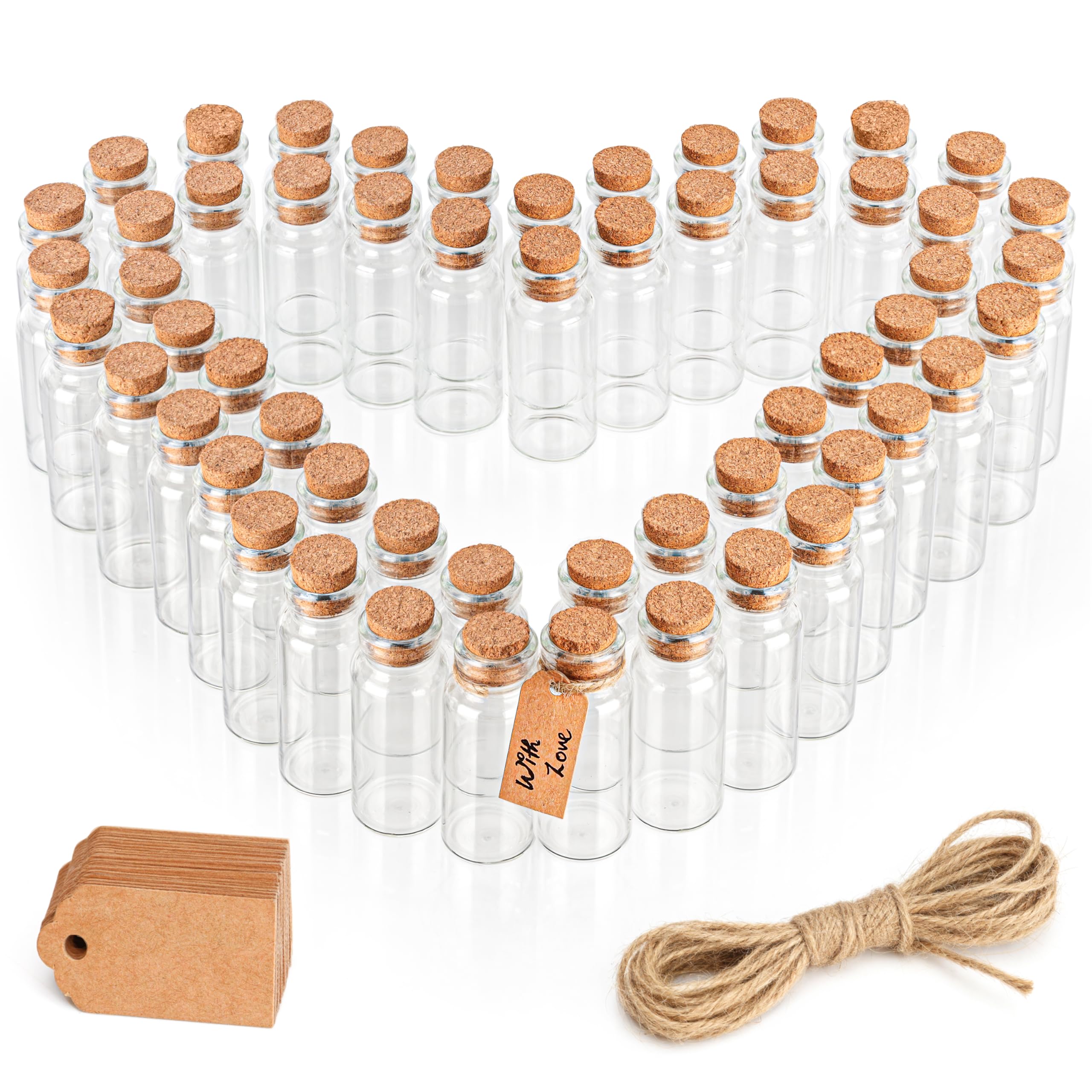 BELLE VOUS 64 Pack Glass Favour Jar Set with Cork Lids, Label Tags and Twine - 13ml/0.43oz - Mini Round Mason Airtight Storage Bottles and Labels for Wedding Favours, Party, Kitchen Spices and Jam