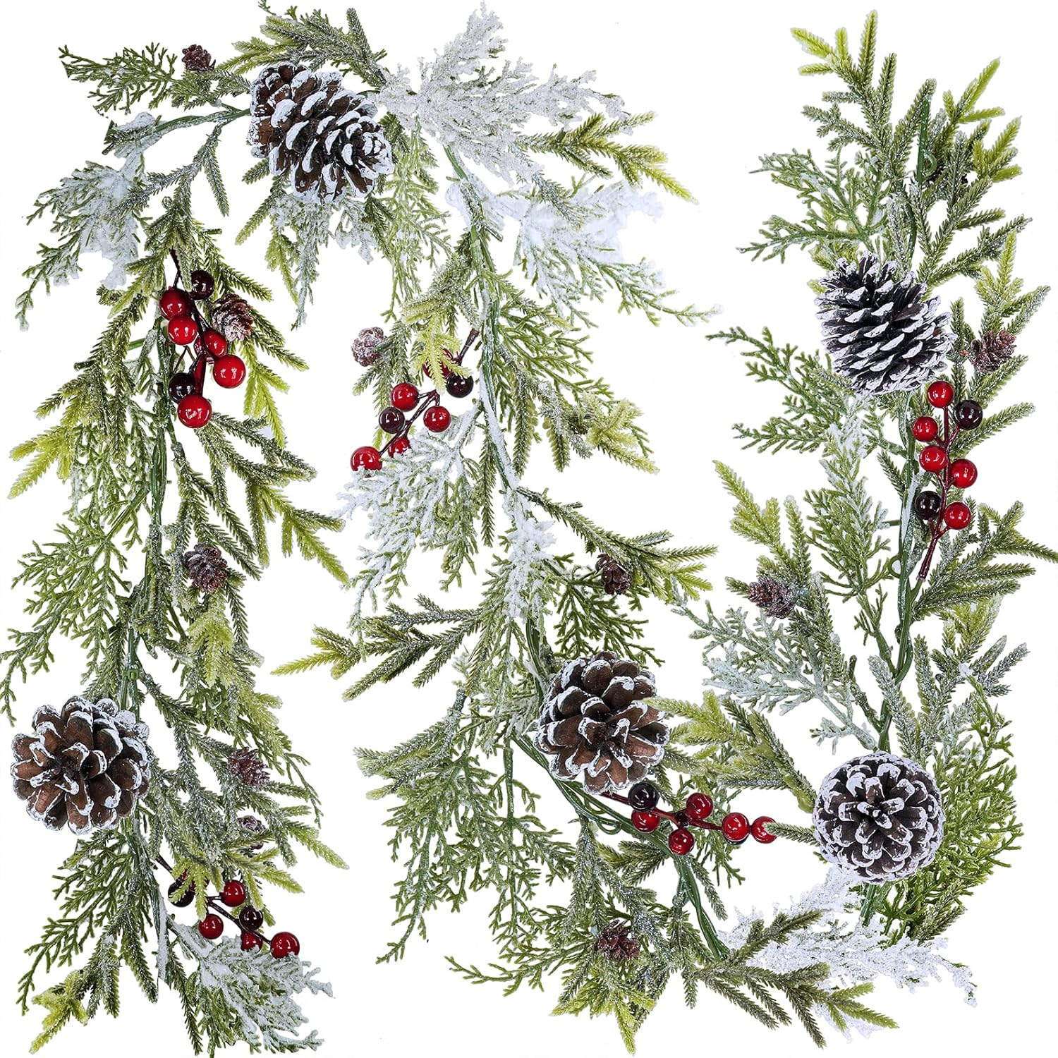 Wreaths, Garlands & Swags - 6' Long Snowy Artificial Pine and Cedar Christmas Garland with Pine Cones Red Berries Winter Greenery Garland for Christmas Wedding Winter Seasonal Holiday Table Runner Centerpiece Mantel Decoration
