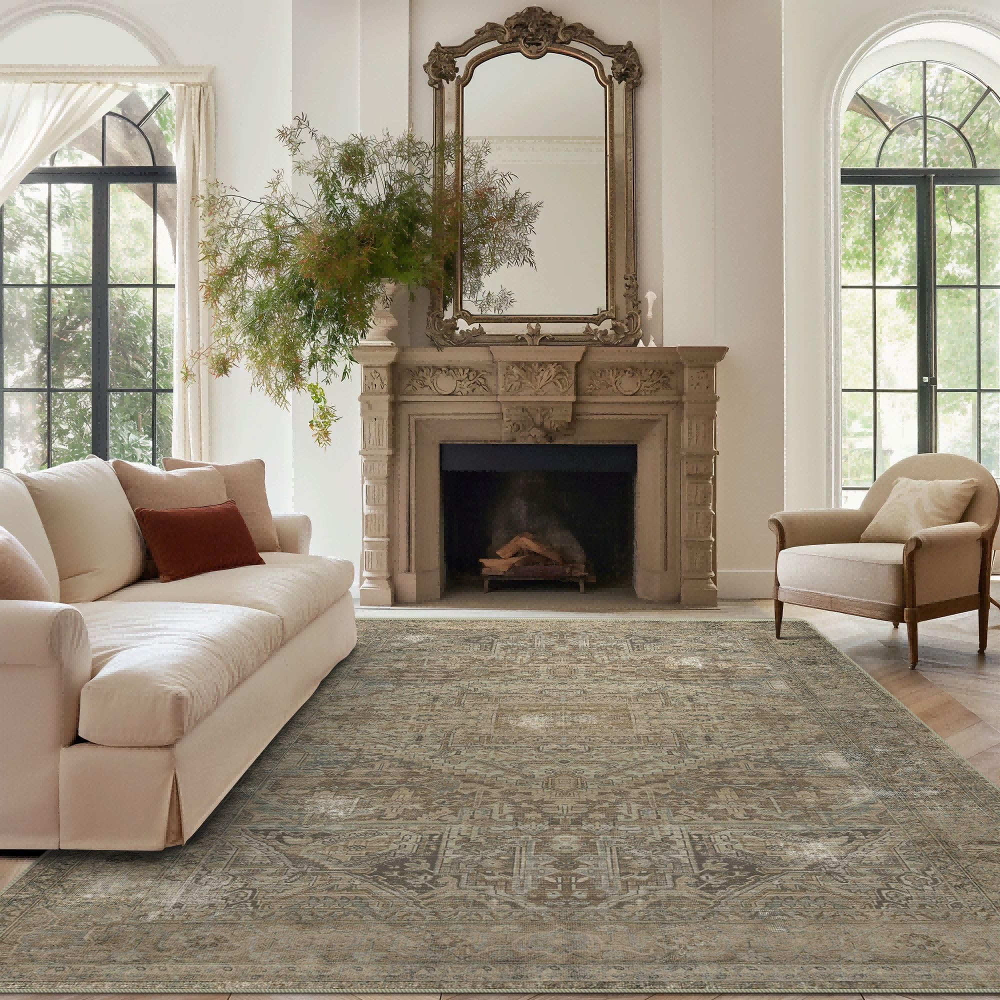 vivorug 5x7 Area Rugs - Ultra-Thin Washable Rug with Non-Slip Backing, Ideal for Living Room, Bedroom, Kitchen Floor Carpet - Vintage, Easy Clean, Durable, Olive Image