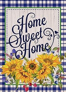Furiaz Summer Home Sweet Home Garden Flag, House Yard Decorative Small Flag Blue Buffalo Plaid Check Sunflower Spring Outside Decorations, Flower Farmhouse Burlap Outdoor Decor Double Sided 12 x 18