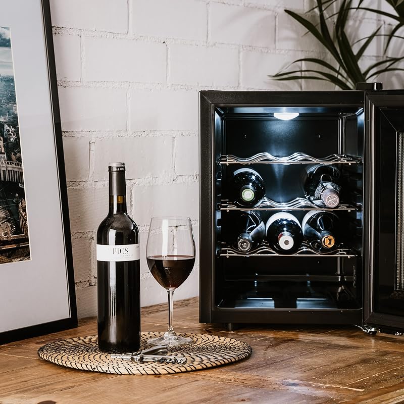 WC12T Cantinetta vino da 12 bottiglie, silenziosa, non vibra, isolamento speciale dell'interno, porta in vetro, temperatura regolabile con pannello tattile, leggera luce interna, nero