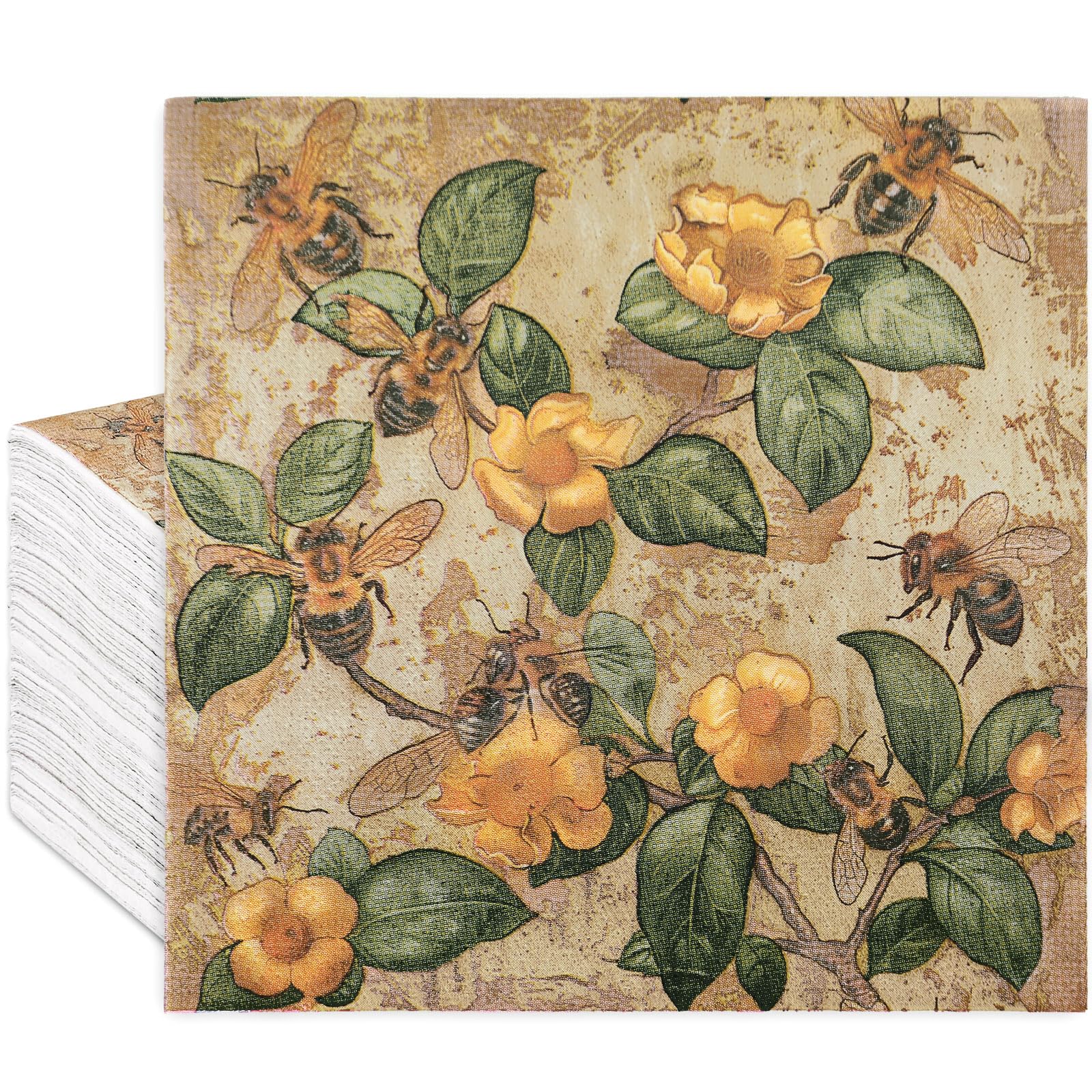 Photo 1 of 100Pcs Bee Floral Paper Napkins Vintage Bee Flower Luncheon Napkin Disposable Party Decor Dinner Hand Napkin for Spring Summer Baby Shower Birthday Party Supplies