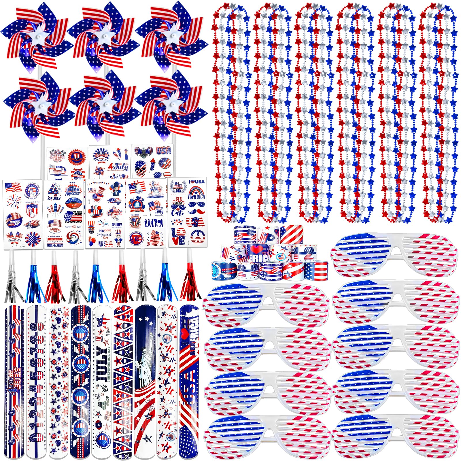 Photo 1 of 120 PCS Patriotic Party Favors 4th of July Accessories American Flags for Kids Adults Glasses Slap Bracelets Pinwheels Tattoo Stickers Party Blowers Necklaces for Independence Day Memorial Day