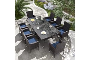 Delnavik 10-Piece Patio Outdoor Dining Set, Wicker Furniture Set of 8 Rattan Chairs with Cushions and 2 Square Table with Umbrella Cutout, Navy Blue