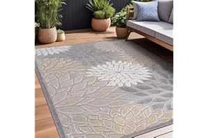 Beverly Rug Outdoor Rug 8x10 Modern Floral Tropical Area Rugs for Indoor and Outdoor Patio Easy to Clean Non Shedding Living Room Porch Garden Washable Outside Carpet (8 x 10 Gray)