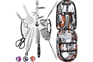 Wellmax 10-Piece Stainless Steel Camping Cooking Set – Compact All-in-One Cookware Kit with Utensils & Travel Bag for Campers, Hikers, Outdoor Adventures, Orange Camo Color