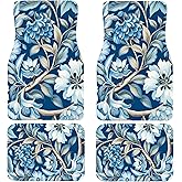 Artistic Fabric Car Floor Mats-Non-Slip Rubber Backing,Morris Blue Flower,Front & Rear Set-Water Absorbing, Durable Automotive Floor Mat Rug Liners with Stylish Patterns