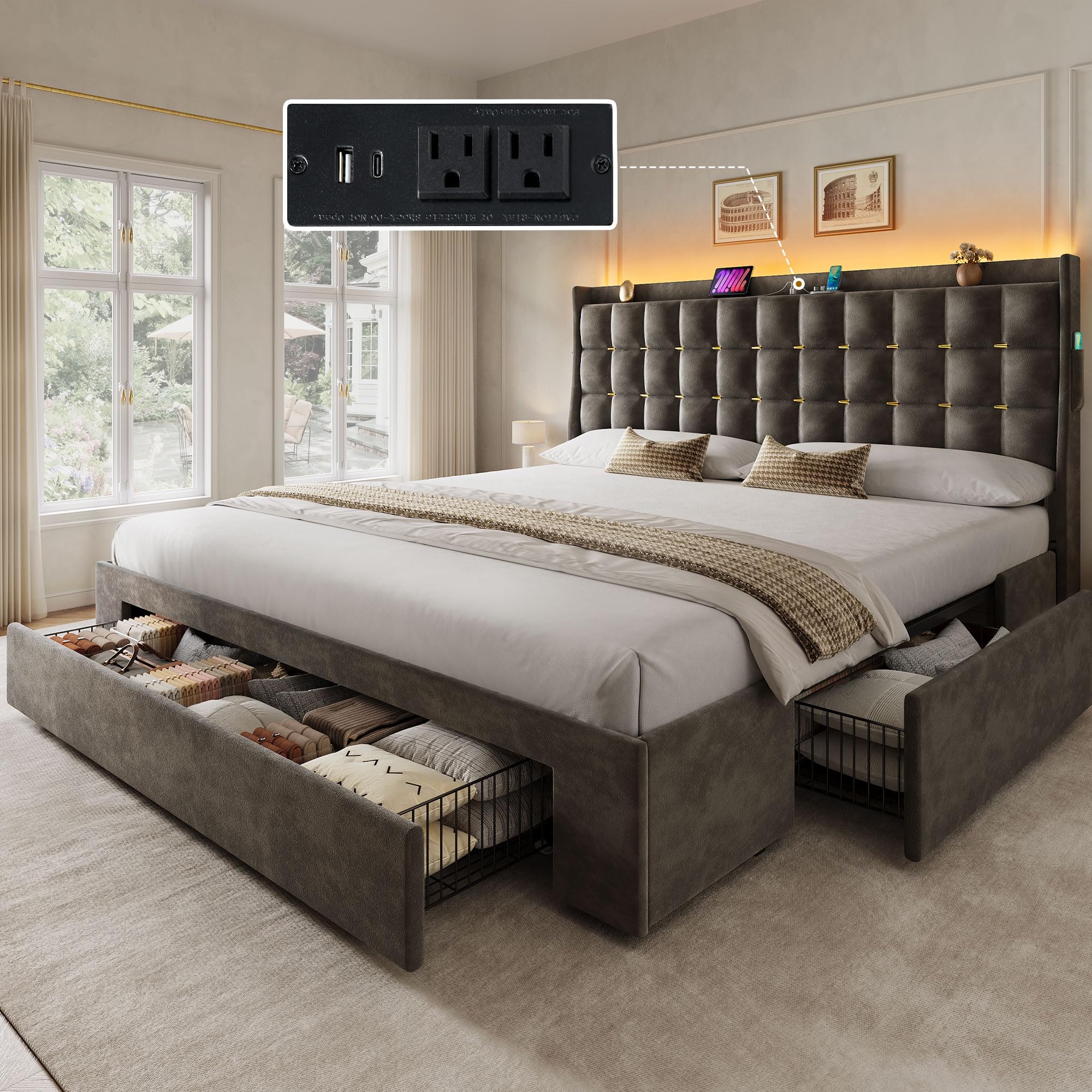 Photo 1 of YITAHOME King Size Bed Frame with 3 Storage Drawers and RGB LED Lights, Velvet Upholstered Bed with Charging Station and Storage Headboard, No Box Spring Needed, Easy Assembly, Noise-Free, Grey