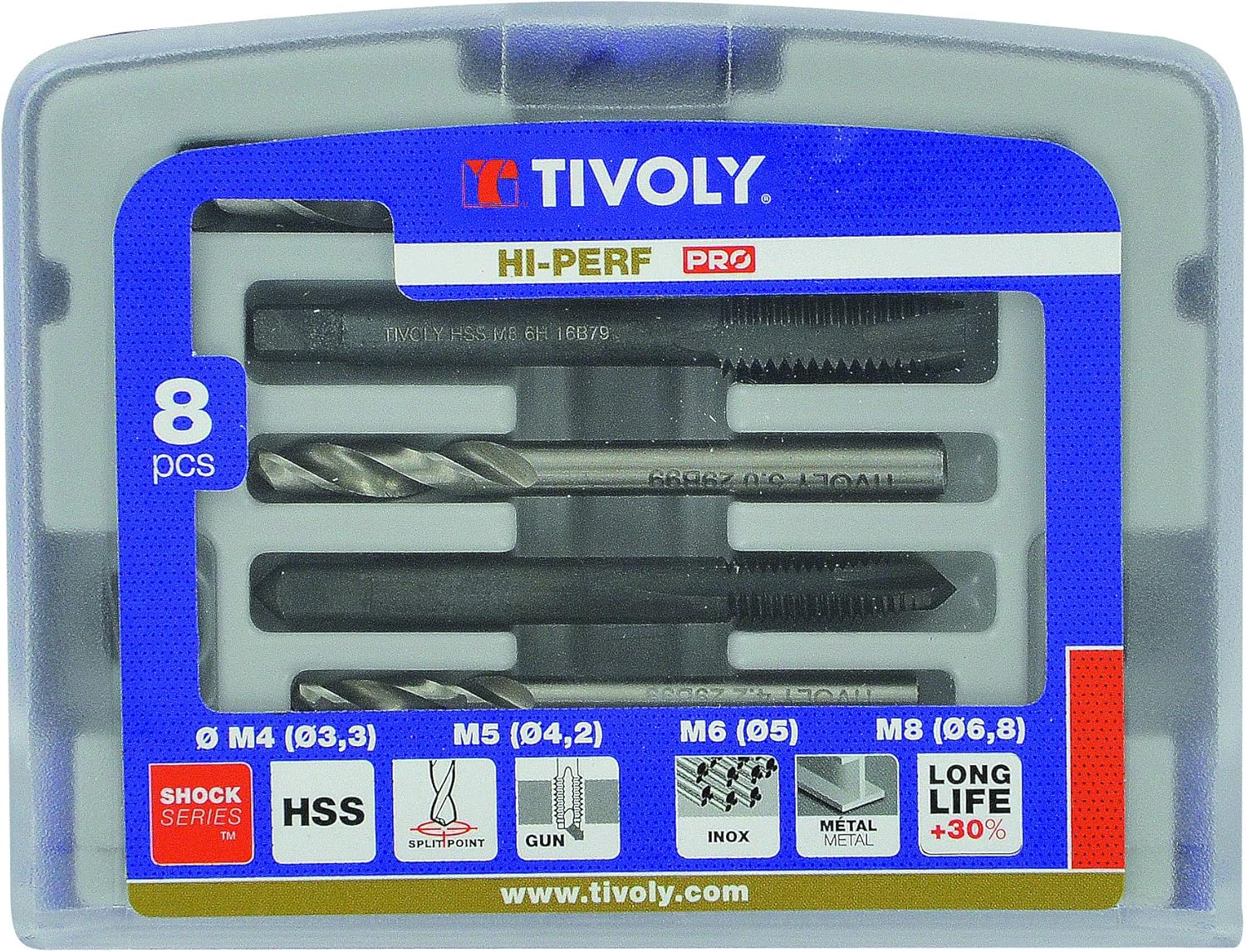 Tivoly TF4 11900170033 Set of 4 Machine Taps Gun DIN 352 M4 to M10 + 4 HSS Metal Drill Bits, 8 millimètres