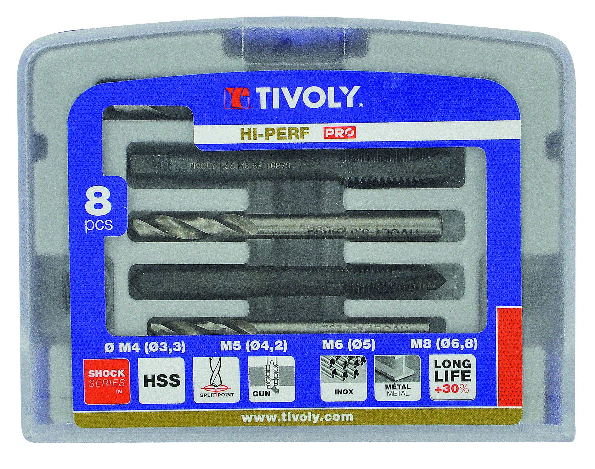 Tivoly TF4 11900170033 Set of 4 Machine Taps Gun DIN 352 M4 to M10 + 4 HSS Metal Drill Bits