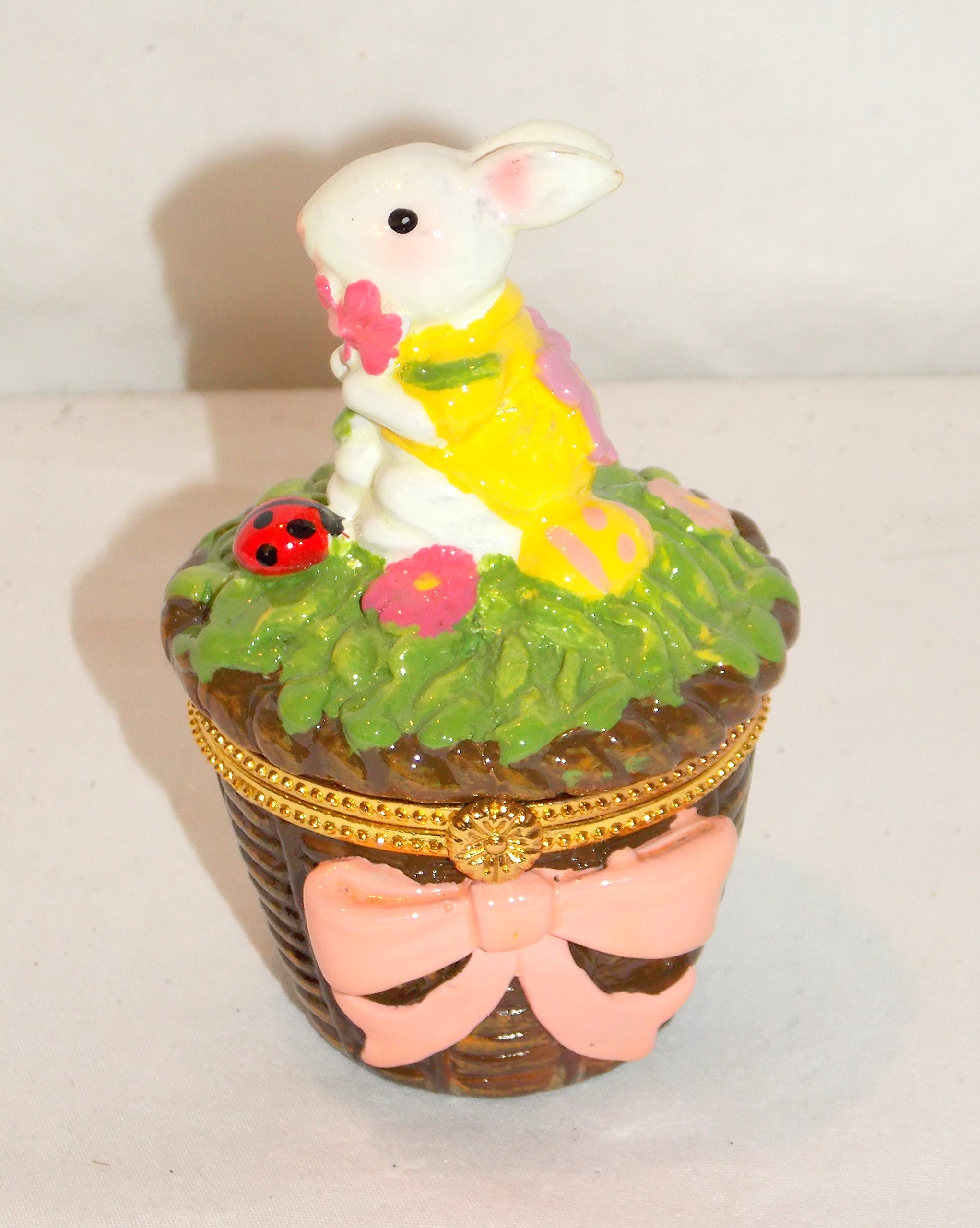 CBOCS New Bunny Rabbit with Easter Eggs on Basket Trinket Jewelry Box Ceramic