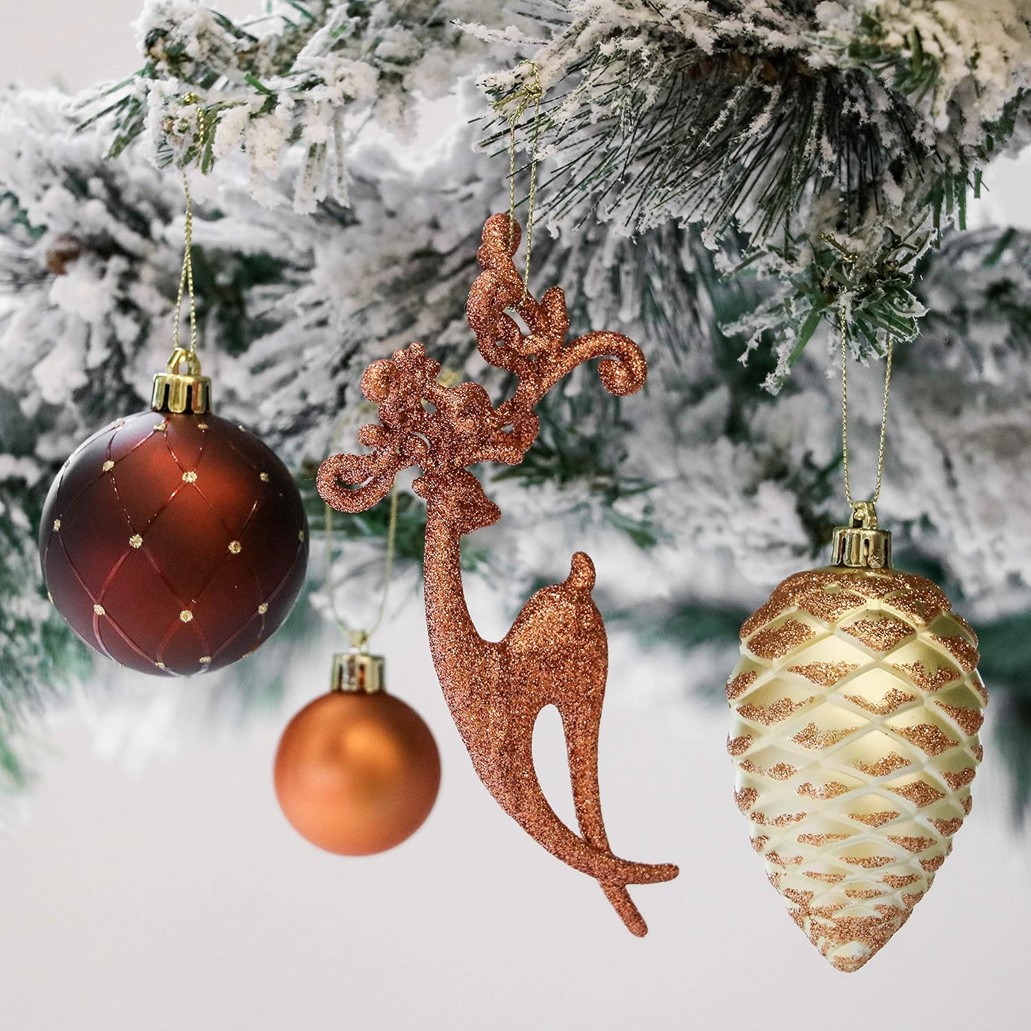 Valery Madelyn Christmas Baubles, 100pcs 3-10cm Shatterproof Pack with Tree Topper, Woodland Copper and Gold Christmas Ball Ornaments - Image 5