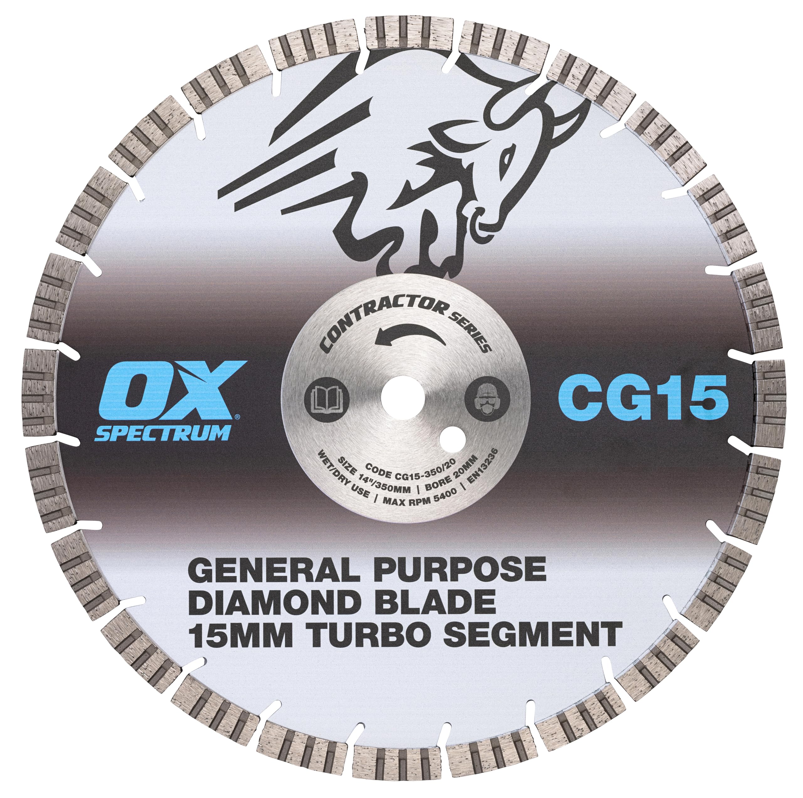 OX Contractor Series Diamond Cutting Blade, 15mm Turbo Segment, General Purpose Cutting Disc Steel Blade - Diameter 350mm Bore 20mm (CG15-350/20)