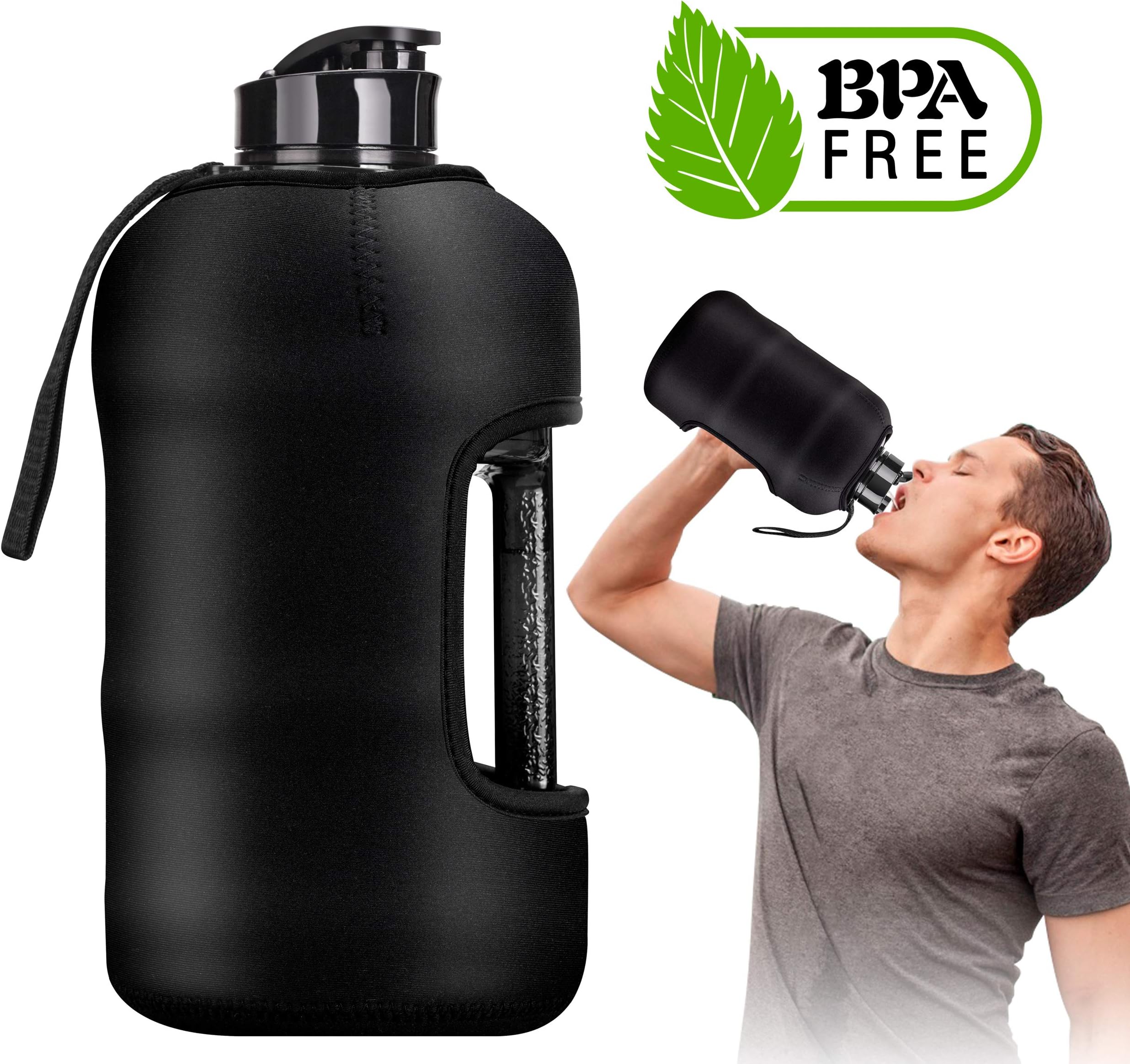 Kaptron Gym Water Bottle with Case - 2.2L Half Gallon Water Bottle with Insulated Sleeve- Bodybuilding Water Bottle - Strong Durable 2.2 Litre Water Jug with Handle - BPA Free Big Sports Water Bottle