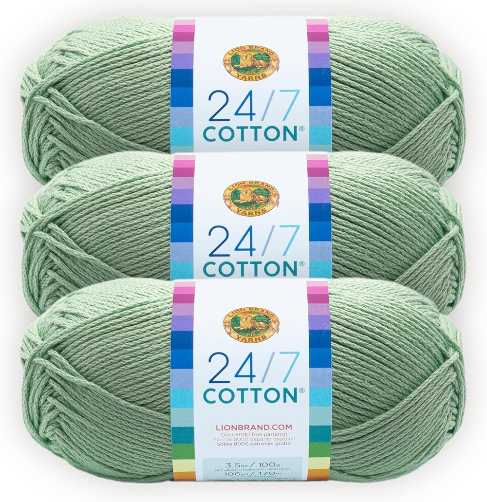 Lion Brand 24/7 Cotton Yarn Mint 3 Pack 100% Mercerized Cotton 185 yd