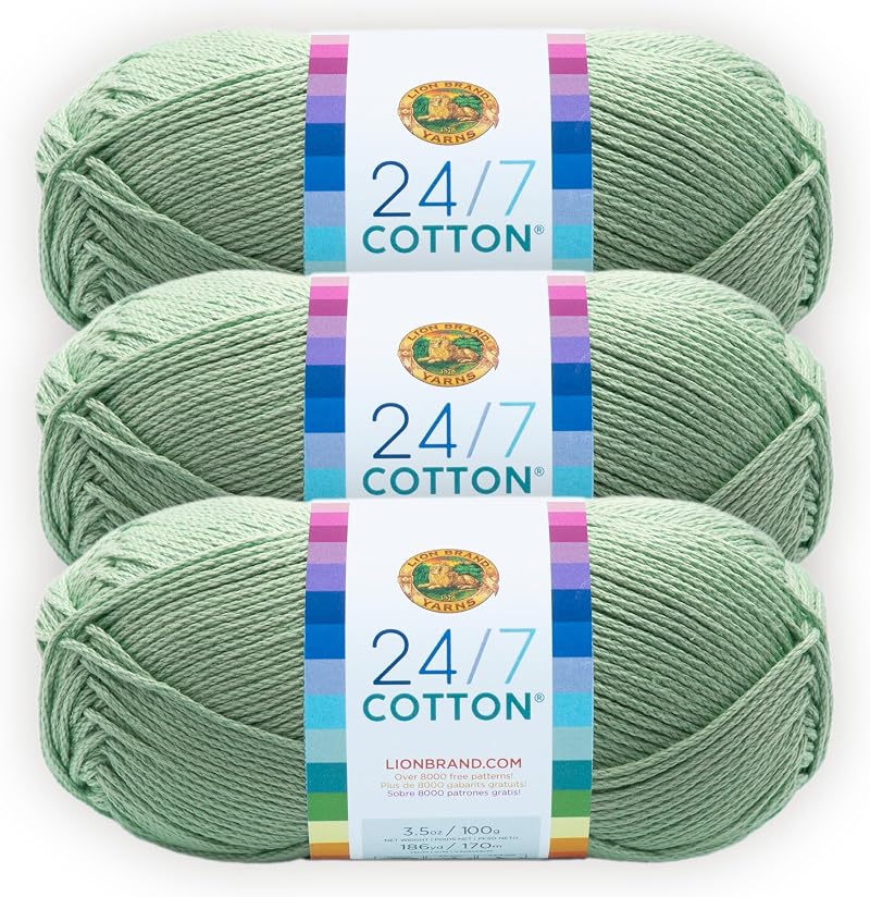Lion Brand 24/7 Cotton Yarn Mint 3 Pack 100% Mercerized Cotton 185 yd