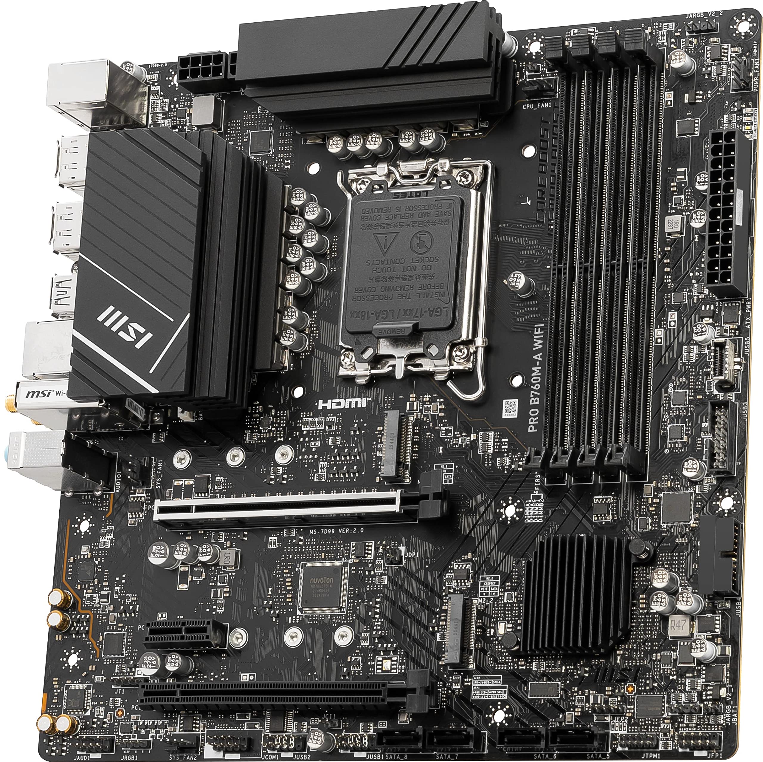 MSI PRO B760M-A WiFi ProSeries Motherboard (Supports 12th/13th/14th Gen Intel Processors, LGA 1700, DDR5, PCIe 4.0, M.2, 2.5Gbps LAN, USB 3.2 Gen2, HDMI/DP, Wi-Fi 6E, Bluetooth 5.3, mATX)