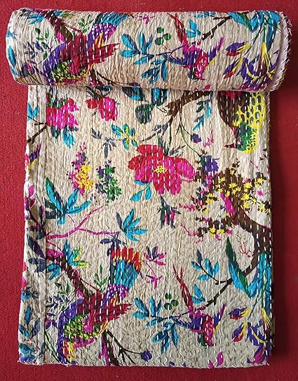 Textile export creations Creations Traditional Ethnic Kantha Indian Bedding Single Emerald Cotton Tropical Fruit Hand Stitched Bedding Bed Cover by Textile export creations Creations(90x60 Inch)