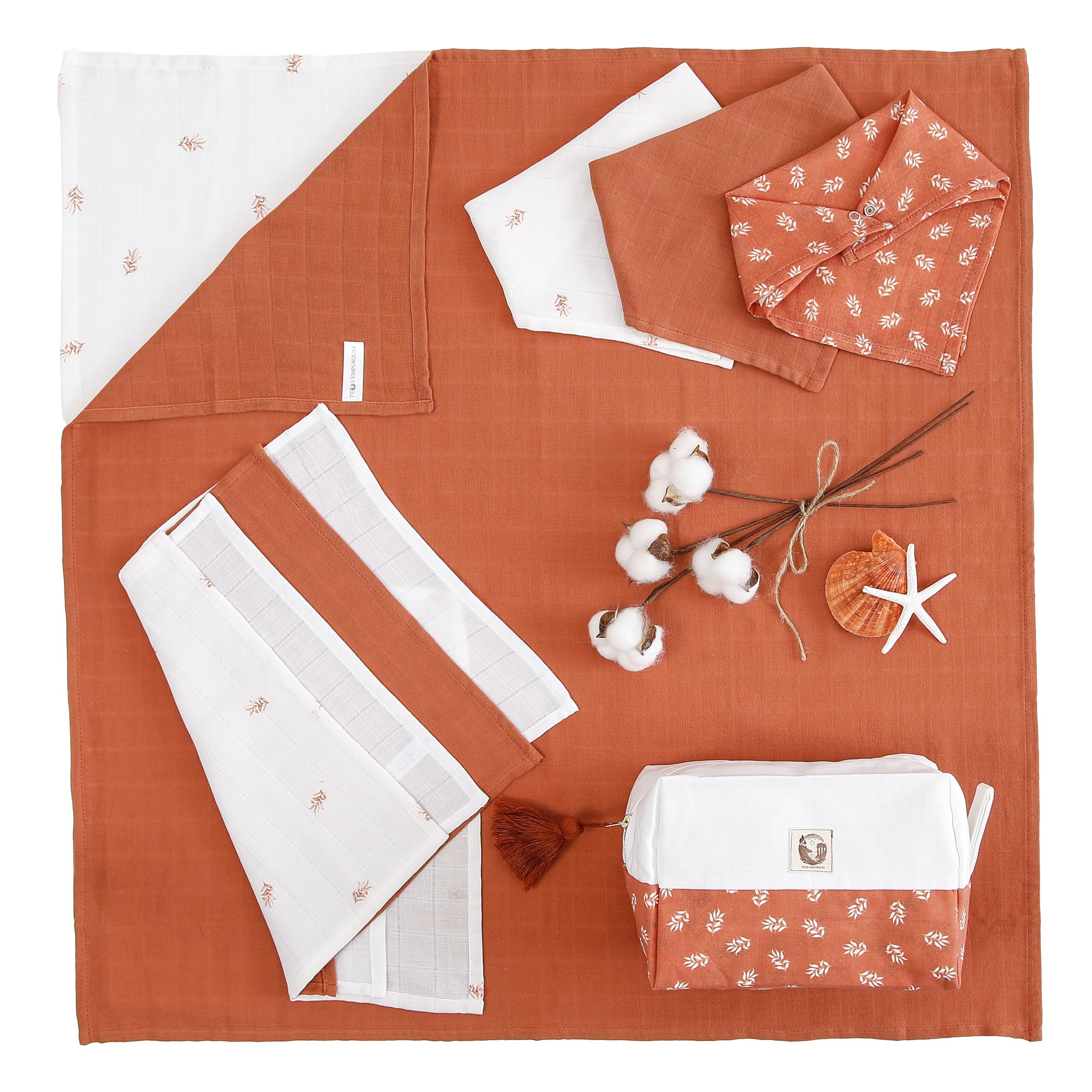 TEOS EMPORIUM 4,3,2,1,GO! - 100% Organic Muslin Cotton | Baby Essentials Gift Set (10 pcs) - Unisex | 4 Burp Cloths, 3 Bibs, 2 Swaddles, 1 Canvas Tote Hand Bag | Suitable For 0-12 Month Baby