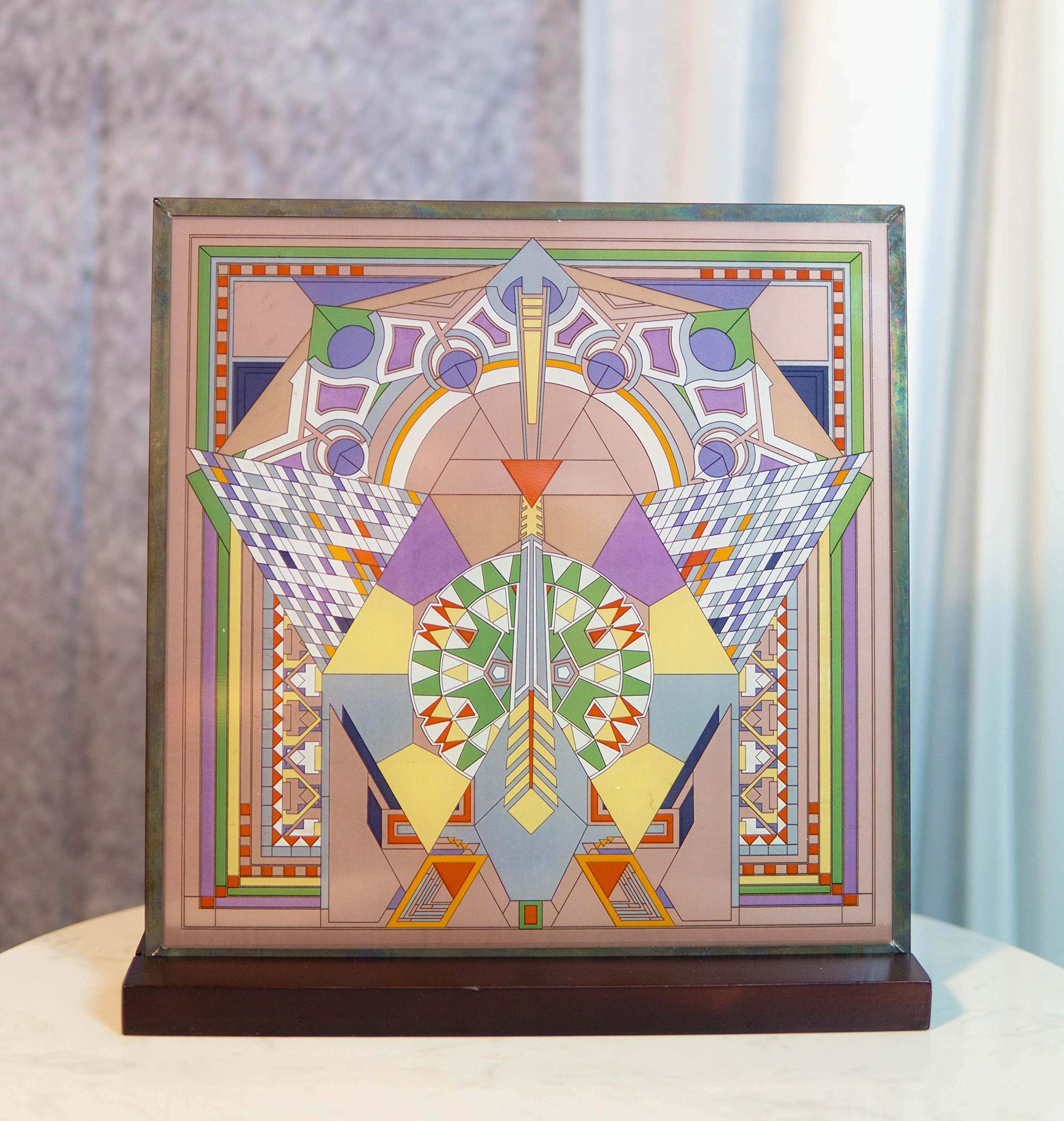 Ebros Frank Lloyd Wright Imperial Hotel Japan Peacock Rug Stained Glass Art Panel Wall Hanging Decor Or Desktop Plaque with Wooden Base Stand 10
