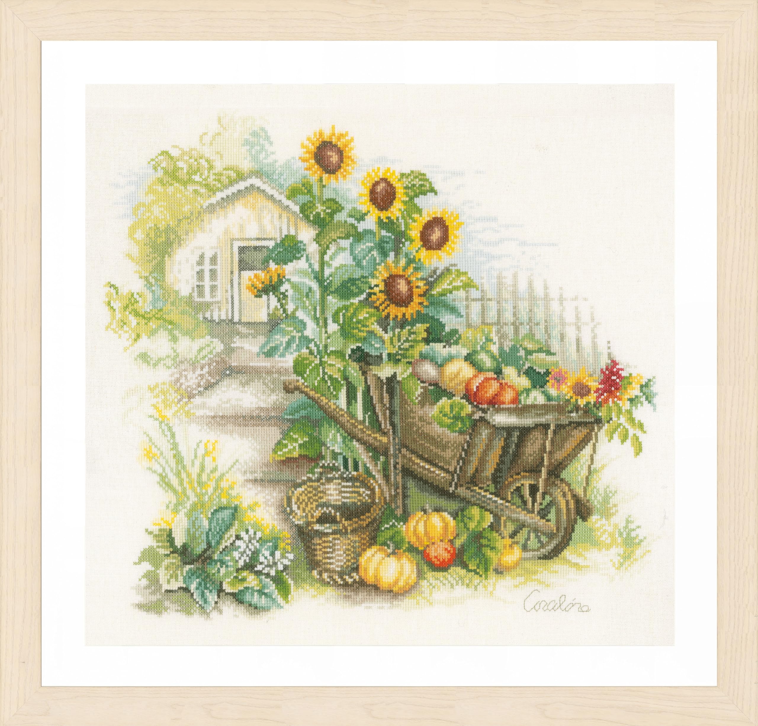 Lanarte Cross Stitch Embroidery Kits Counted Cross Stitch Pictures Set Wheelbarrow and Sunflowers Wall Decoration Handmade Set for Adults 43 x 37 cm DIY Decoration Craft Set Craftsman Creative Gift