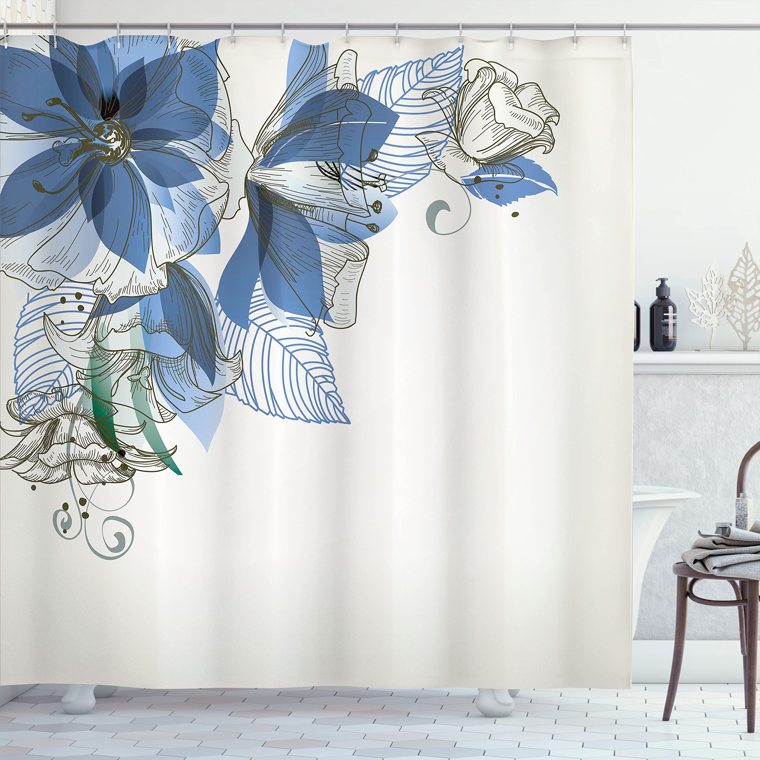 ABAKUHAUS Flowers Shower Curtain, Buds Leaf at the top Left Corner Season Celebrating Theme Illustration, Cloth Fabric Bathroom Decor Set with Hooks, 175 x 180 cm, Azure Blue White