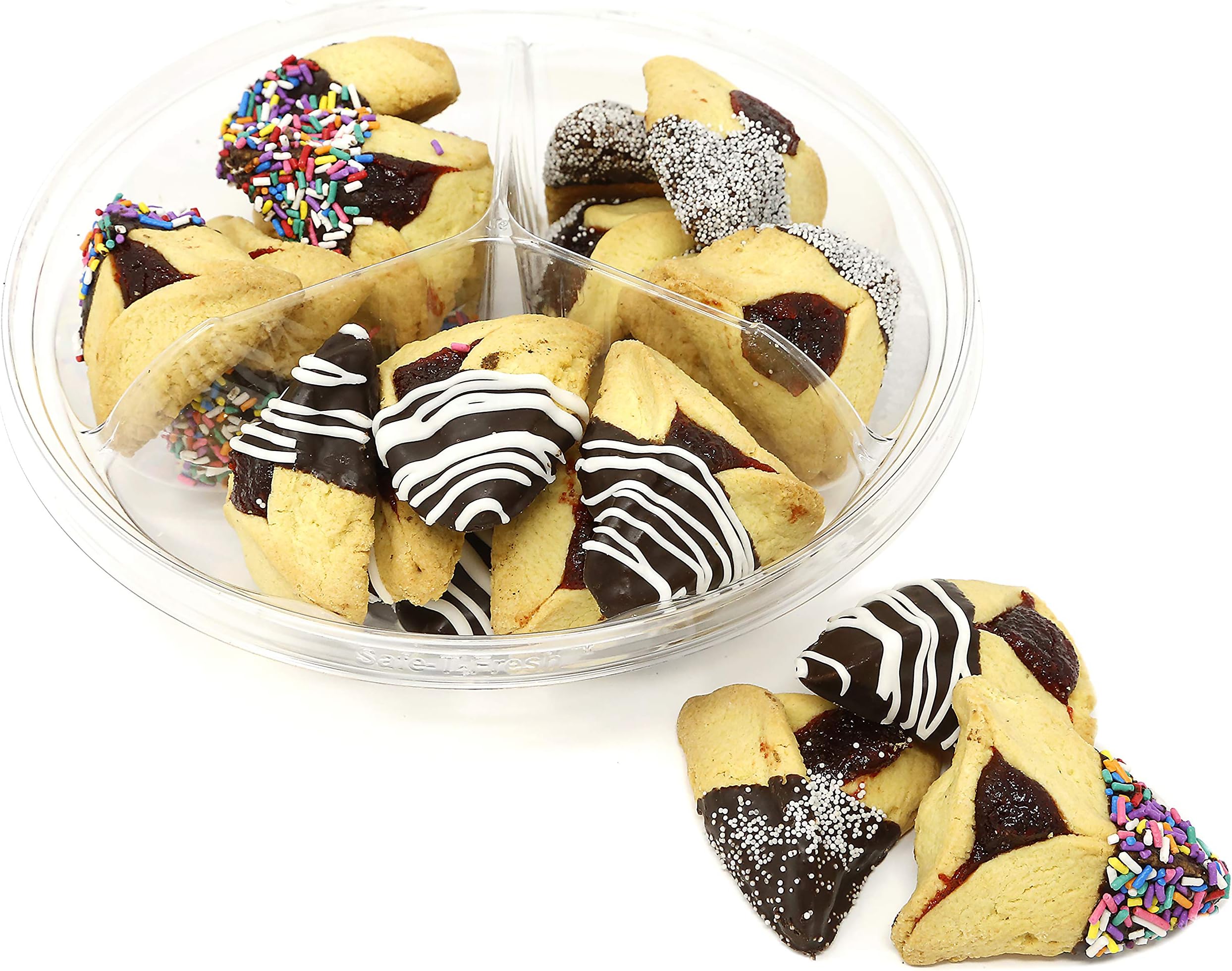 "ChocoNuts" Happy Purim Freshly Baked Nut Free Elegantly Decorated Jam Filled Hamantashen Cookies - 3 Sectional Mishloach Manot Complete Gift Basket, 1.5 Pounds