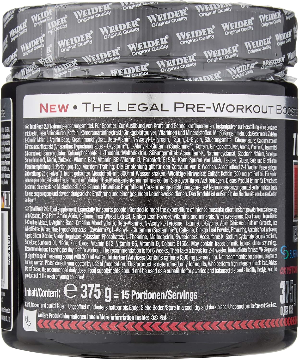 Weider Total Rush 2.0 Pre-Workout Formula, Cola, The Legal Pre-Workout, Focus + Power, Serious Pump, 15 servings - Image 4