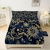 FUYEUN Sun and Moon Sheets Sets Queen Size 4 Pcs Celestial Starry Galaxy Boho Fitted Sheets Bedding for Women Girls Teen Hippie Constellation Bed Sheets with 1 Flat & 2 Pillowcases