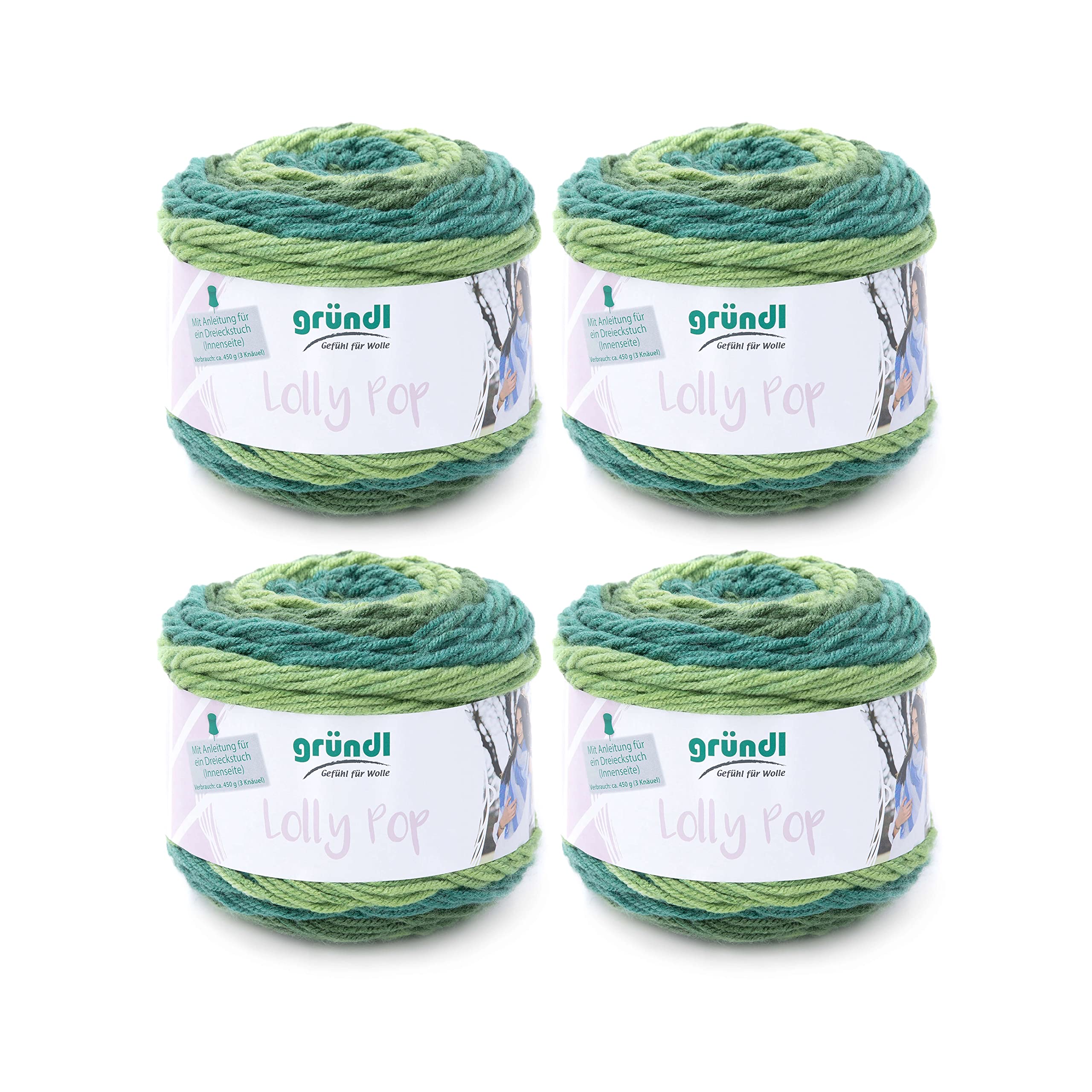 Gründl Lolly Pop Crochet and Knitting Yarn (Wool-like and Washable Universal Yarn 100% Polyacrylic, 150g/240m, Needle Size: 5-6, 4 x 150g), Mint Swirl, 24 x 24 x 10cm