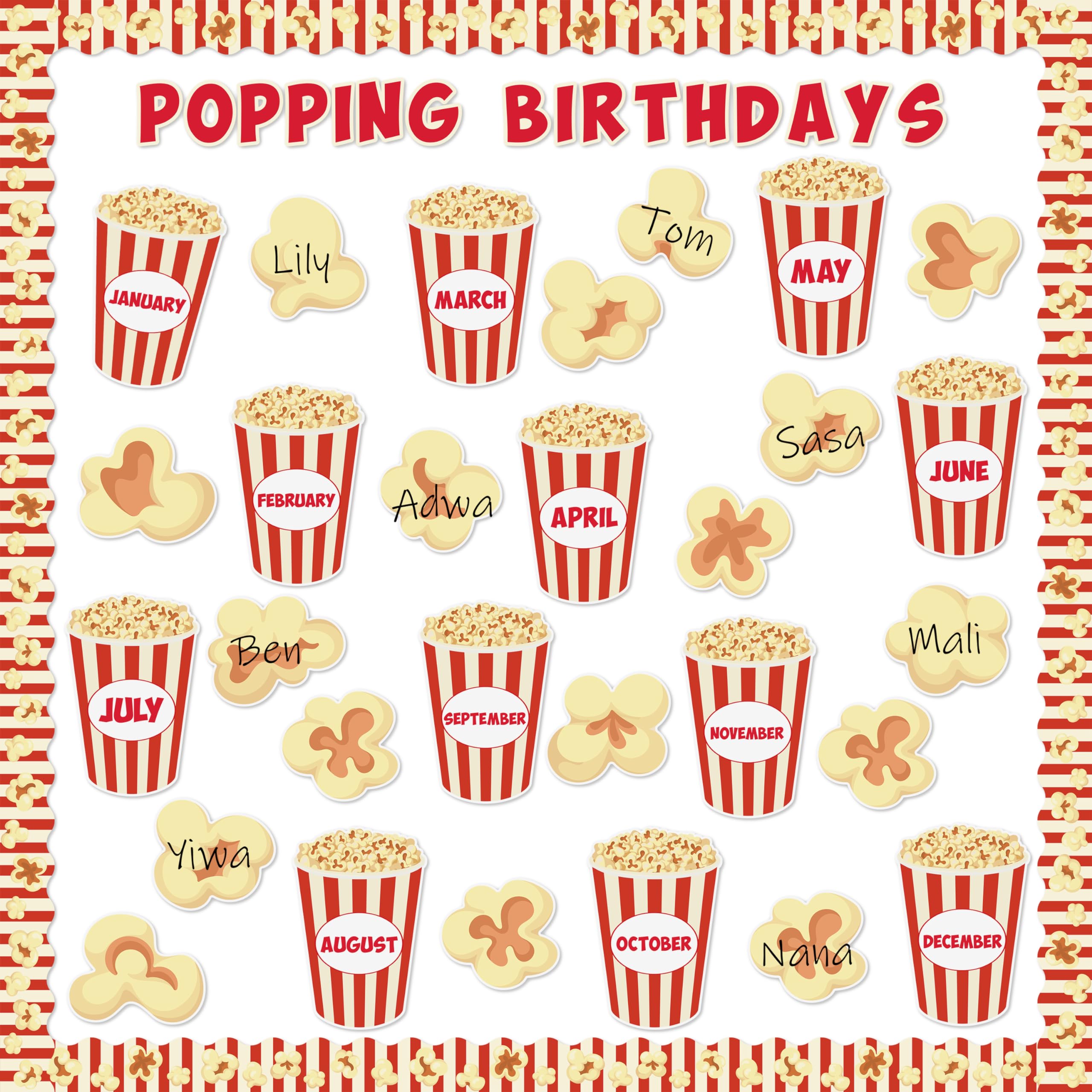 Photo 1 of CPicdn 116Pcs Popcorn Birthday Bulletin Board Classroom Decoration Back to School Popcorn Box Cutouts Name Tags Boarder Trim Birthday Party Supplies Classroom Chalkboard Wall Door Decor